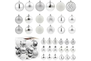 LANGXUN 36 szt. srebrnych ozdób bombek bożonarodzeniowych na Boże Narodzenie święta dekoracje weselne, zawiera 6 szt. 8 cm, 12 szt. 6 cm, 18 szt. 4 cm choinka nietłukące ozdoby z pętlą do zawieszania