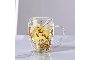 LeKuni Tasse Double Paroi Avec Fleurs Séchées, 350ml Verre Double Paroi, Tasses À Expresso En Verre Transparent Pour Cappuccino, Expresso, Latte, Thé（jaune）