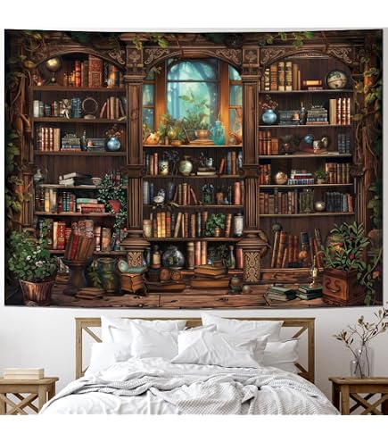 Leofanger Vintage-Bücherregal-Wandteppich – 130x150 Cm, Polyester, Mittelalterliches Bibliotheks-Design