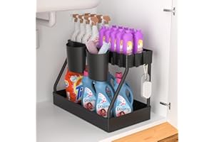 Scaffale sottolavello a 2 Livelli,Glovios Organizzatore Sotto il Lavandino Cucina,Scorrevole Scaffale Sottolavello Portaoggetti con 4 Ganci e 2 Bacinelle Sospese,Estraibile Cassetti per Bagno (B)