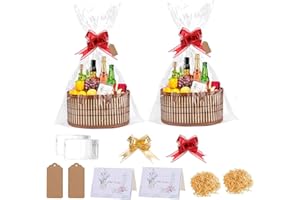 ELLECILA 2Pack Empty Hamper Baskets, 30 x 20 x 15cm Woven Bamboo Basket Kit, Basket with 2*Gift Bags, 2*Ribbon, 2*Hang Tags, 2*Greeting Cards, 2 Packs Raffia, Gift Baskets for Birthday and Baby Shower (Brown)