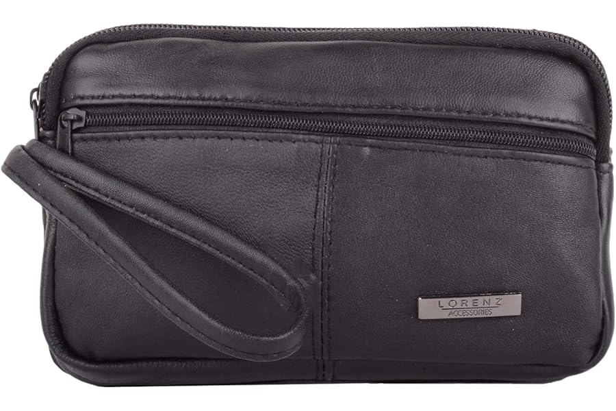 Unisex Soft Nappa Leather Hand Held Money Document Organiser Pouch with Wrist Strap Black