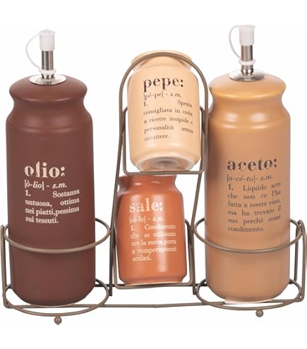 Menage Olio Aceto Sale Pepe Baroni Home - Ceramica Decorata Con Stand Metallo, Design Rosa