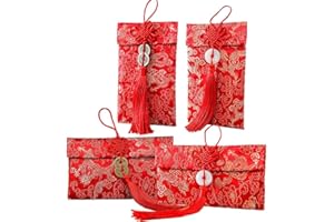 SEVENMYE 4 PCS Chinese Silk Red Envelopes, Chinese Lucky Dragon Element Red Envelopes for Wedding, New Year Red Money Pockets, Approx Can Hold 100 Sheets, 4 Styles