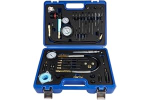 GLOSSY AUTO PARTS Probador de Compresión Probador de Pérdida de Presión para Motores de Gasolina y Diesel Motores de Autos y Camiones, con 34 Adaptadores Diferentes, 725 PSI - Estuche Exterior Azul