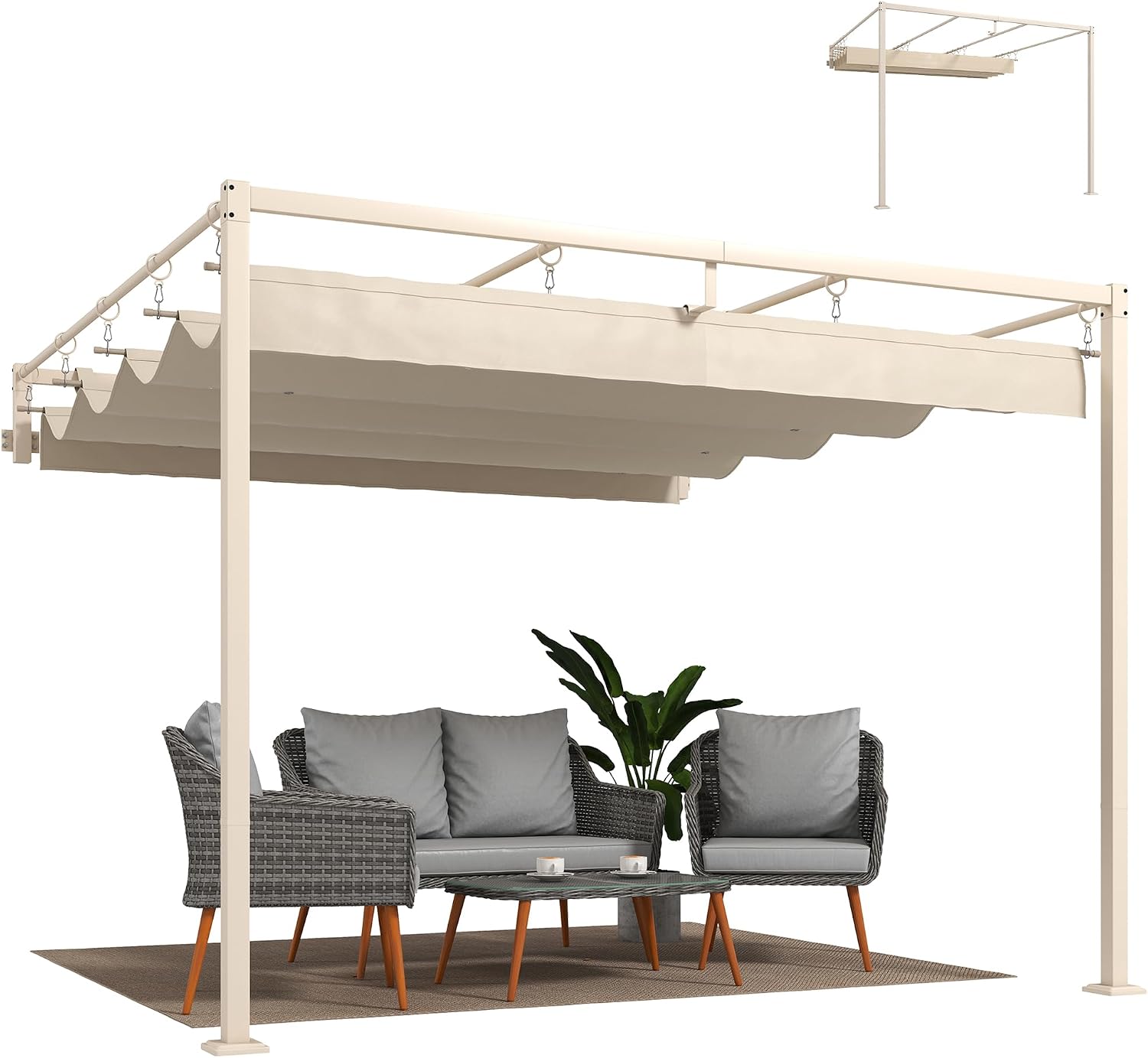 Outsunny Pérgola de Pared de Jardín 3x3 m, Cenador de Jardín con Techo Retráctil, Protección UPF30+, Orificios de Drenaje y Estructura de Acero, Pabellón para Patio, Terraza, Exterior, Beige
