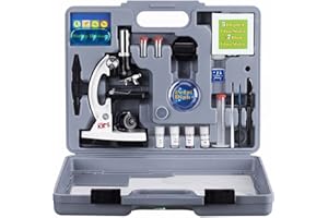 Kit de microscopio AMSCOPE, con brazo de metal y base para niños m30-abs-kt2-w, 6 aumentos de 20X a 1200X, incluye un juego de accesorios de 52 unidades y funda, galardonado con el premio como mejor elección de microscopios para principiantes 2016.