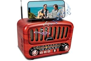 BLIMYSWE Radio Portatil Pequeña, Am/FM/SW Transistores Radio Pequeños 5W Altavoz Grande y Bluetooth 5.0, Altavoz Vintage Bluetooth Soporta Función USB/TF/AUX (Rojo)