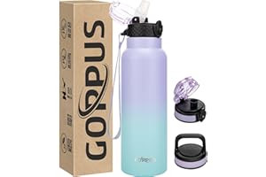 GOPPUS Butelka na napoje ze stali nierdzewnej, 750 ml, ze słomką i 3 pokrywkami, nie zawiera BPA, nadaje się do napojów gazowanych, termos, próżniowa izolacja z podwójnymi ściankami, do uprawiania