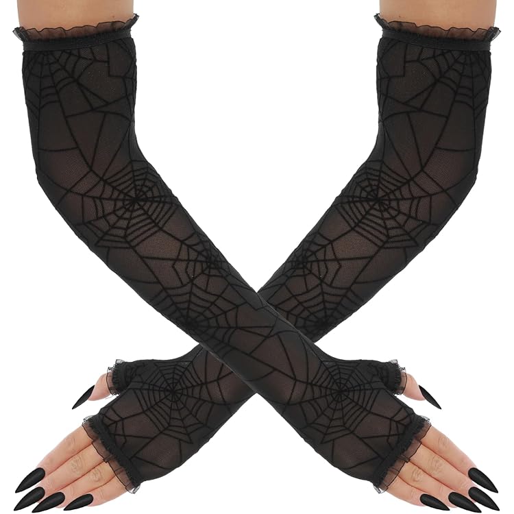 Spinnenhandschuhe Halloween Damen – Fingerlos, Schwarz Mit Spinnennetz-Muster, Für Kostüm & Punk-Look