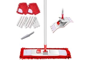 HEVOL Flach Wischmopp,Chenille Mikrofaser Bodenwischer mit 125cm Edelstahlgriff und 4 Wischpads,Flachmopp für Hartholz, Laminat, Fliesenboden,Senden 1 Schaber