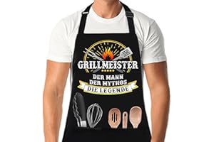 XCSJKJ Grillschürze für Männer Kochschürze Herren Schürze Lustig, mit 4 Taschen GrillSchürze für Männer küchenschürze Herren Personalisiert Schürze - GRILLMEISTER