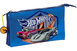 SAFTA Hot Wheels Sonny - Portatodo Triple, Estuche Infantil, Estuche Niño, Ideal para Niños en Edad Escolar, Cómodo y Versátil, Calidad y Resistencia, 22x3x12 cm, Color Azul Marino