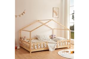 [en.casa] Letto per Cameretta a Forma di Casetta con Barriera di Protezione Letto Francese per Bambini Struttura in Legno di Pino 140 x 200 cm Naturale