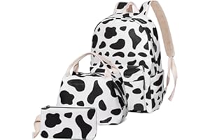 Junlion Cow Print School Bag Set, Laptop Backpack Lunch Bag Pencil Case White