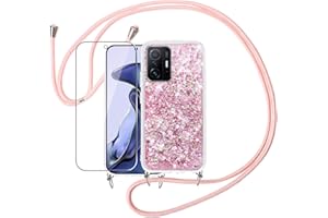 Pnakqil Glitter Liquida Funda con Cuerda para Xiaomi 11T/Xiaomi 11T Pro (5G) 6.67"+ 1 Pack Protector de Pantalla,Carcasa con Colgante Ajustable Collar Correa de Cuello Cadena Cordón-Oro Rosa
