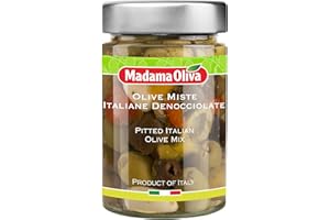 MADAMA OLIVA, Olive Miste Denocciolate Sott'Olio, Mix di Olive con Peperoni, Aglio e Spezie, Senza Conservanti Aggiunti, 100% Made in Italy, Vaso in Vetro da 290 gr