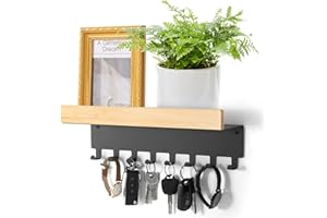 ZUIMENG Portachiavi da Parete, Porta Chiavi da Muro per Casa in Metallo e Bambù, Appendi Chiavi a Muro per Ingresso (Nero, 8 Ganci 32 cm)