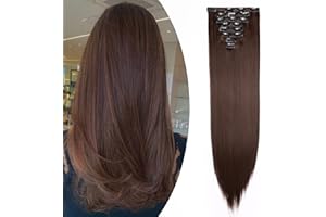 S-noilite Extensiones de Cabello Natural Cabeza Llena Hair Extensions Pedazo de Cabello 8 Piezas 18 Clips Larga Recta 66cm Marrón medio