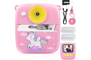 Dhapy sofortbildkamera Kinder, 48MP Kinderkamera Sofortbildkamera mit Druckpapier & 32 G TF Karte, 1080P Digitalkamera Kinder, Geschenke für Jungen und Mädchen 3 4 5 6 7 8 9Jahre Rosa