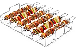 ONLY FIRE Onlyfire Zestaw Szpikulców do Grilla ze Stali Nierdzewnej, Szpadki do Szaszłyków ze Stojakiem, Uchwytem Pętelkowym, Szaszłyki do Kebaba do Większości Grilli, Szaszłyki do Grilla na Ognisko do Mięsa