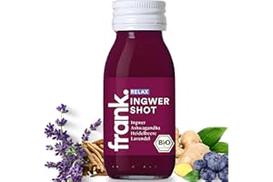 ‎FRANK JUICE FRANK Relax Bio Ingwer Shot | 14 x 60 ml Ingwershot Flaschen | Ingwersaft mit Heidelbeere und Lavendel in Premium Qualität | Vegan | Nachhaltig im Glas | ohne Konservierungsstoffe
