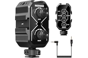 Neewer MM01 Dual Channel Microphone Audio Mixer Adapter with 3.5mm TRS Cable, Stereo/Mono Switch, Cold Shoe Mounts for DSLR Camera, Smartphones, Battery Powered Microphones for Video Recording
