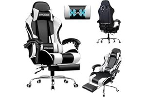 LUCKRACER Silla Gaming con Masaje Ergonómica | Reposapiés y Reposacabezas Retráctil | Soporte 150 kg | Oficina y Hogar | Color Blanco