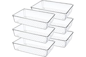 Giklux 6 Pcs Clear Kitchen Drawer Organiser Trays, Acrylic Desk Drawer Dividers Organisers for Cutlery, Kitchen, Cosmetics, Makeup, Utensils, Vanity, Office, Stationery, Plastic Draw Storage Organiser