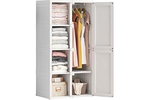 HOAIYO QuickFold Portable Closet Clothes Wardrobe with Hanging Rod Bedroom Armoire Cube Storage Organizer with Door (70 x 136 cm, White)
