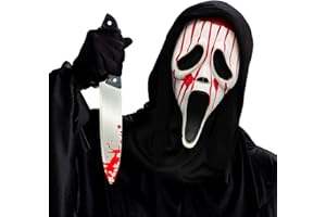 ILMFMY Halloween Maske im Ghostface-Stil mit Kapuze – Kostüm-Set 2-teilig (Maske + Messer-Attrappe), Latex, Unisex Erwachsene, für Halloween, Karneval, Fasching, Cosplay & Partys