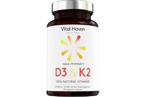 VITAL HAVEN 100% Natural - Vitamin D & K (D3 & K2) - Vegetarian - High Strength (D3 4000 IU, K2 mk7 125mcg) - 4-Month Supply - Premium Ingredients - for Stronger Bones and Immune System - Made in The UK