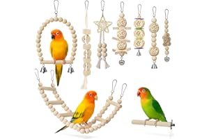 xiaoxiaozhijia Jouets pour Perroquets,Jouets pour Oiseaux en Bois Naturel pour Perruches (9 pièces)|Balançoires+Échelle+Clochettes (Beige)