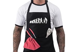 BANG TIDY CLOTHING BBQ Aprons for Men, Funny Cooking BBQ Apron in Black Cotton, Adjustable with 2 Pockets, Birthday, Christmas, Cooking Gifts for dad, chef, husband, him - Evolution of Man