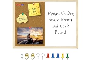 OWLKELA 42 * 32cm Tablón con Marco de Madera, Tablón de Corcho, Tablón de Corcho y Tablero Magnético, Tablón de Notas - Material de Fijación y Imperdibles Incluidos, Marco de Madera