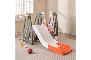 RELAX4LIFE 4 in 1 Scivolo per Bambini, Parco Giochi con Scivolo, Altalena, Canestro da Basket e Scaletta da Arrampicata, Set di Gioco da Interno ed Esterno, 18 Mesi+ (Arancione+Verde, M2)