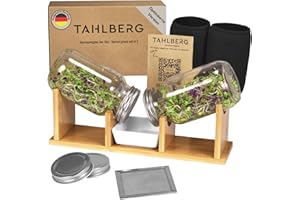 TAHLBERG Sprossenglas 2er Set – hochwertiges Sprossenglas Keimglas Set aus Bambus + Kressesieb & Keimschale – inkl. Deckel, Abdeckhüllen & Anleitung – Keimglas für Sprossen