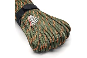 Survival Paracord Rope PSKOOK 100 Feet Fire Starter Parachute Cord 7-Strand Nylon with Red Tinder Cord PE Fishing Line Cotton Thread for Outdoor Lanyards, Bracelets, Handle Wraps (Army Green Camo)