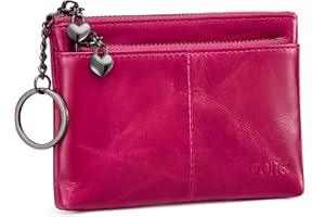 S-ZONE Women's Key Case Small Key Pocket Genuine Leather 3 Compartments Mini Wallet Key Case Purse Card Holder with Key Ring, Rose red, S, Money Clip