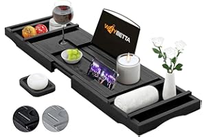 WAY BETTA Extendable Bathtub Caddy Tray Bamboo Bath Tub Storage Rack Shelf Holder Adjustable Bathroom Tray Bathtub Storage Bridge Shelf Wine Tablet Holder (Black)