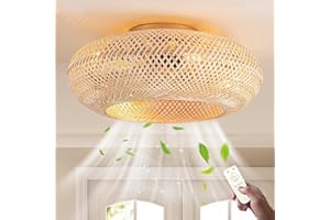 SanBouSi Ventilateur de Plafond Avec Éclairage E27 Vintage En Rotin Et Bambou avec Télécommande, 6 Niveaux De Vitesse, Réversible Silencieux, Luminaire Ventilateur Plafonnier Style Bohémien