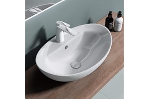doporro Lavabo da Appoggio in Ceramica Bianco Lucido, Lavandino Bagno Moderno con Foro Rubinetto e Rivestimento Nano 59x39x21 cm Brüssel302