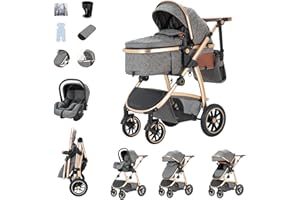 Zkiprm Kinderwagen 3 in 1, Reisesystem mit Autositz, Buggy mit verstellbaren Armlehnen, Kombikinderwagen mit Regenpolster, Moskitonetz, Aluminiumrahmen, Straßenwagen für 0-4 Jahre