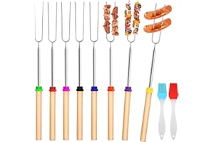 JIEBAO 8 Colores Marshmallow Tostado Barbacoa Stick con 2 cepillo de aceite, Pinchos Telescópicos para Barbacoa Telescópico de 31cm a 81cm, Palos De Asar Para Barbacoa para Barbacoa, Camping, Hoguera