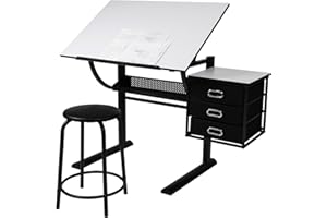 MIADOMODO® Zeichentisch mit Hocker - Tischplatte stufenlos neigbar, höhenverstellbarer, inkl. Schrank mit 3 Schubladen, Weiß Schwarz - Schreibtisch, Bürotisch, Arbeitstisch, Architektentisch