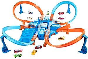MATTEL Hot Wheels Track Set with 1:64 Scale Toy Car, 4 Intersections for Crashing, Powered by a Motorized Booster, Criss-Cross Crash Track, DTN42