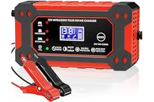 CREBEAU 6A Car Battery Charger, 12V Automatic Smart Charger Monitor Battery with Temperature Compensation, Intelligent Charges, Repairs, Maintains Car Motorcycle Boat Mower Battery