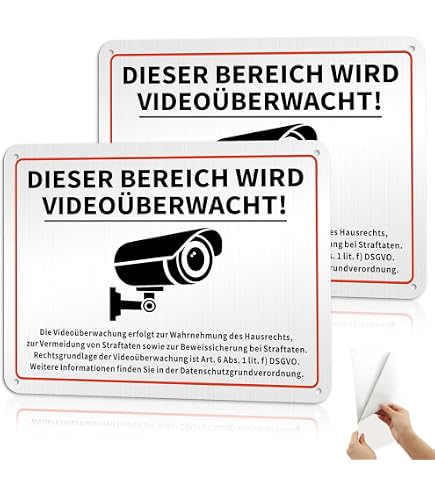 2 Stück Videoüberwachungsschilder – 15x15 Cm Aluminium – Mit DSGVO Hinweis & Selbstklebefläche