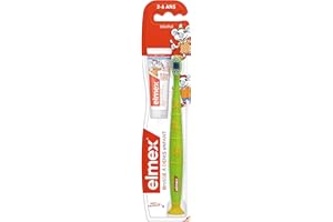 ELMEX - Spazzolino da denti per bambini 3-6 anni (morbido) + campione dentifricio Elmex anti-carie bambino (12 ml) Colori casuali