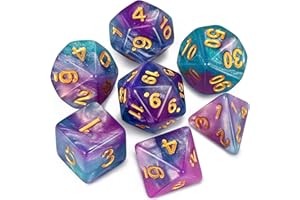 QMAY DND Lot de 7 dés polyédriques pour Donjons et Dragons MTG RPG D&D D20, D12, D10, D%, D8, D6, D4 (Bleu lac avec Violet + Paillettes)